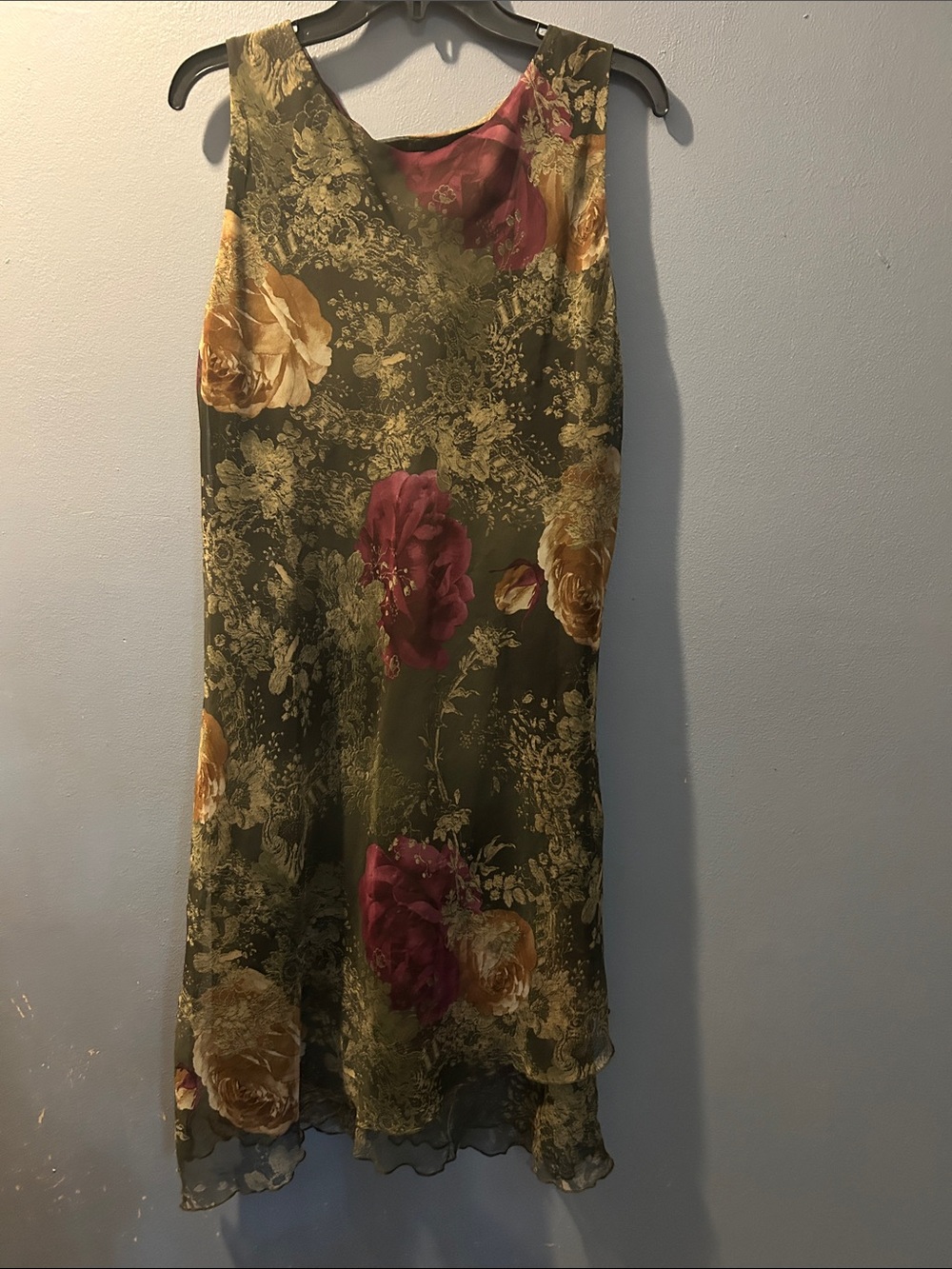 Jodi Kristopher Olive Green Floral Slip Dress with Gold and Rose Accents